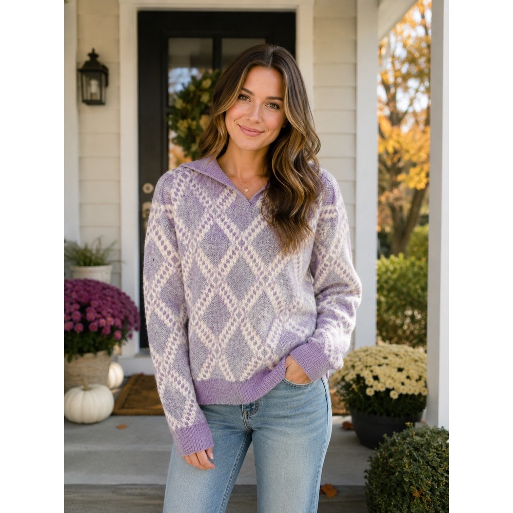 Heartloom Lavender Argyle Polo Collar V-Neck Knit Sweater Large NEW